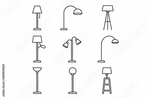 Black and white line art of nine diverse floor lamps in various designs