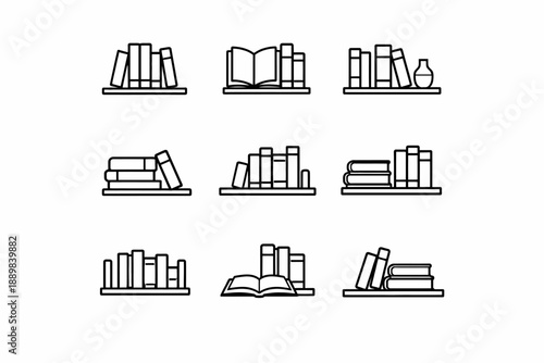 Minimalist icon set of bookshelves with books and decor items