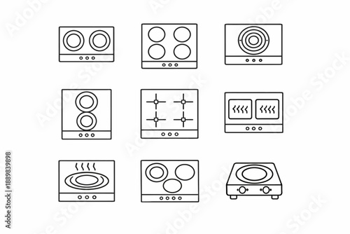 Collection of minimalist line icons of various kitchen stoves and ovens