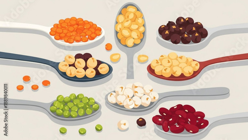 Variety of legumes and beans in spoons healthy food ingredients colorful illustration