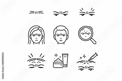 Facial wrinkle icons: expressions, skincare, treatments
