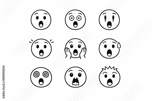 Set of nine surprised and shocked emoji faces in black and white