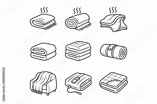 Set of heated and folded blankets in various styles and stack patterns