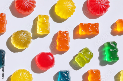 Colorful Gummy Candies Arrangement on White Background.