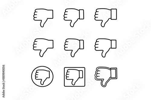 Set of nine thumbs down icons in various styles