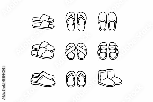 Variety of footwear: flip-flops, slippers, sandals, boots in black and white line art
