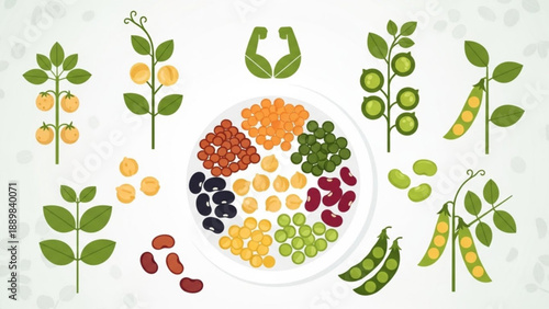 Variety of legumes and beans on a plate with plants illustrating healthy eating and nutrition concepts