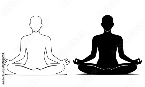 Minimal black silhouette yoga meditation pose isolated on white background, spiritual wellness mindfulness concept, modern flat vector illustration for health, calm mind, balance and relaxation design