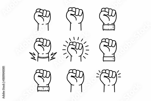 Set of nine fist icons in various styles and emotions