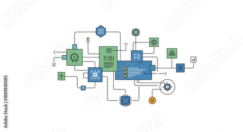 Complex technology system with interconnected components and data flow