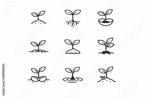 Black and white growing plant icons collection in minimalist style