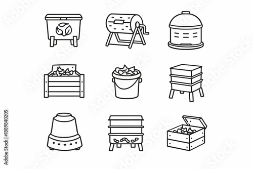 Types of compost bins and vermiculture boxes in line art illustration