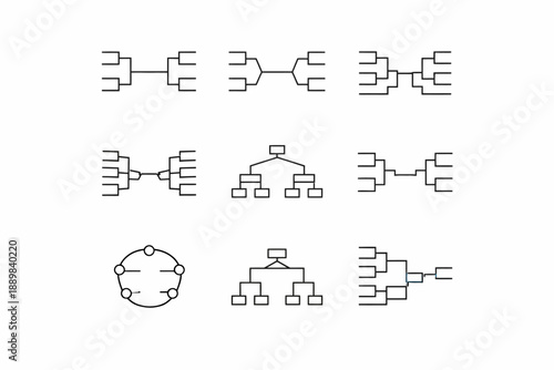 Collection of nine diverse network and tree diagrams in minimalist style