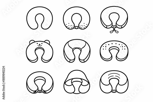 Collection of nine variety neck pillows in black and white