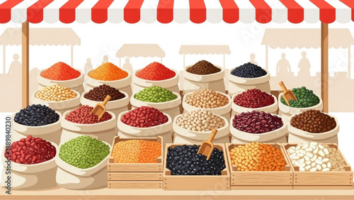 Vibrant market stall with assorted spices and legumes on display under red awnings
