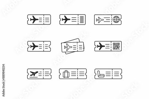 Airplane ticket icons collection with travel and booking symbols