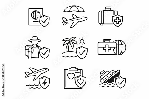 Travel and insurance icons: passport, airplane, luggage, backpack, beach, first aid, cruise