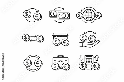 Currency exchange icons set featuring dollar euro and global transactions