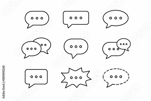Set of nine minimalist speech bubbles with ellipses in black outline