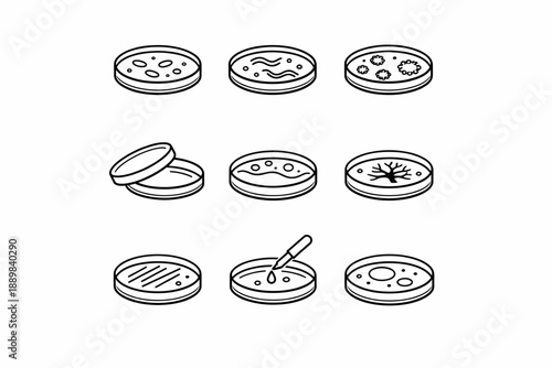Various petri dish cultures with bacteria and microorganisms illustration