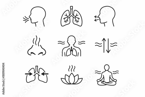Breathing and meditation icon set with lungs, nose, and calm pose symbols