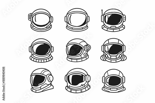 Set of nine iconic space suit helmet designs in black and white illustration