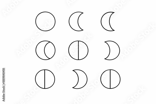 Set of nine minimalist circular geometric designs with moon phases
