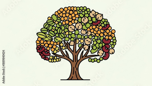 Vibrant tree with diverse colorful fruits and leaves on a plain background symbolizing abundance and nature