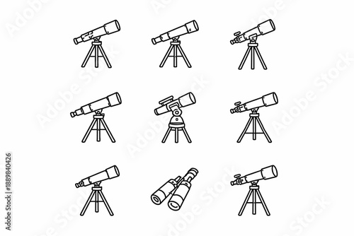 Collection of telescopes and binoculars on tripods in outline style