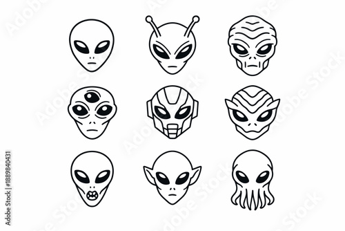 Set of nine unique alien faces with distinct features and expressions