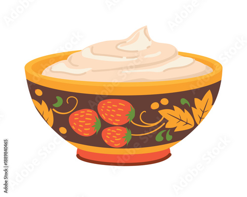 A wooden bowl with sour cream or mayonnaise on a white background. Greek yogurt in a painted Khokhloma-style bowl. Vector illustration. Flat style.