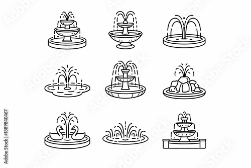 Collection of nine decorative fountain line art designs