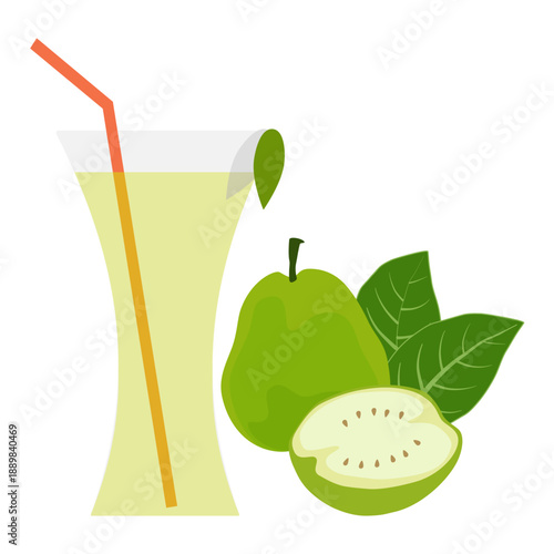 Guava juice with guava fruit on white background.