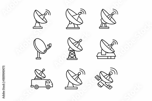 Set of satellite dishes and antennas icons in line art style