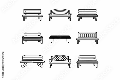 Set of nine bench illustrations: diverse outdoor seating designs