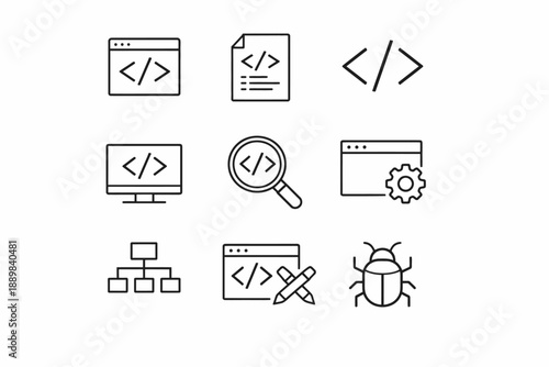 Web development icons set: coding, browsing, debugging, tools
