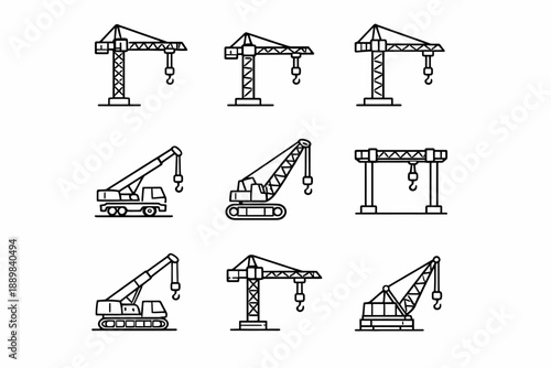 Set of outline crane icons: tower, mobile, gantry, crawler variants