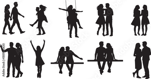 Collection of diverse black silhouette illustrations depicting couples engaging in various romantic and friendly interactions, showcasing human connection, love, and togetherness