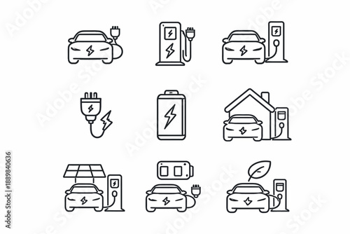 Electric vehicle icon set illustrating charging, battery, solar panels, and sustainability