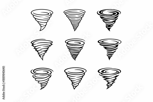 Set of nine black tornado silhouettes on white background