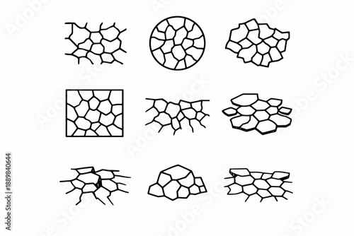 Collection of abstract geometric patterns with crackled texture in black and white