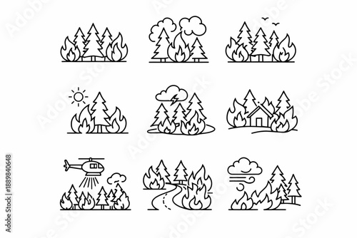 Forest fire icons: trees, flames, helicopter, weather elements in line art