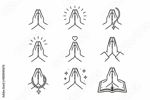 Collection of prayer hand icons: spirituality, faith, meditation, worship symbols