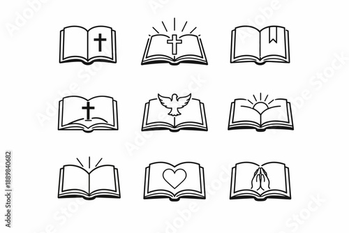 Set of nine christian bible icons with cross, dove, heart, and prayer symbols