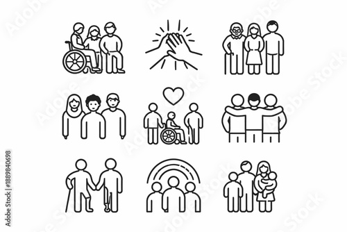 Diverse family and friendship icons depicting inclusivity and togetherness