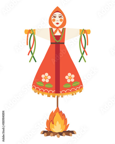Straw scarecrow. A traditional decoration at the Maslenitsa festival. An old Slavic symbol of winter, which is burned at the folk festival. Vector illustration.