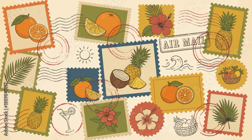 Vintage botanical stamp collage featuring colorful fruit and plant illustrations on a beige postal background