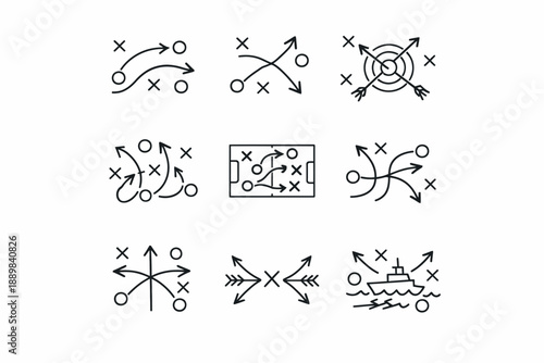 Strategic game plan icons: football and navigation symbols