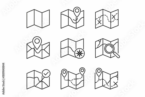 Set of navigation map icons with pins and compass symbols