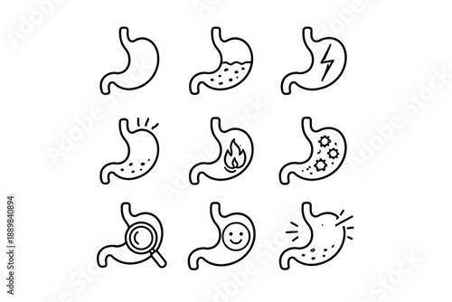 Stomach health icons: digestion, pain, fire, microbes, magnifying glass, happy face